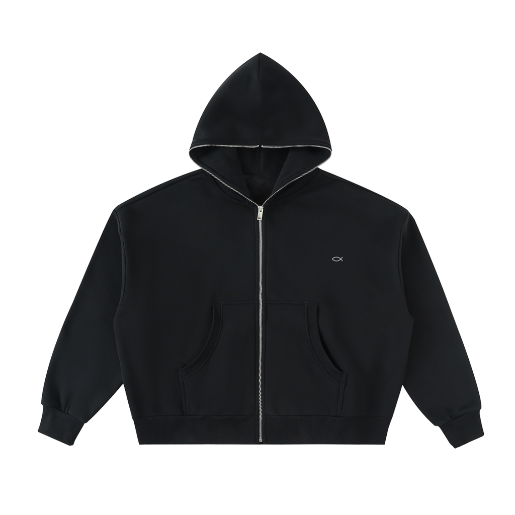 Fleeced Full-Zip Boxy Hoodie