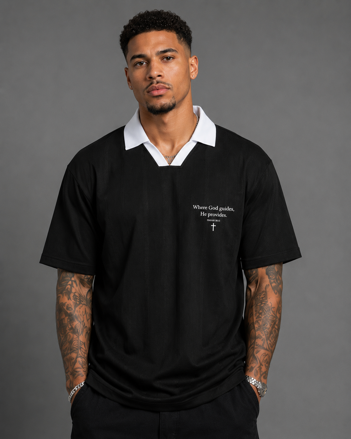 Unisex Striped Boxy Polo Tee - Where God Guides